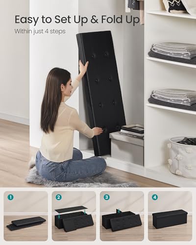 SONGMICS MAZIE Collection - 43 Inches Folding Storage Ottoman Bench, Ottoman with Storage, Foot Rest Stool, Load 660 lb, for Living Room, Synthetic Leather, Black ULSF701