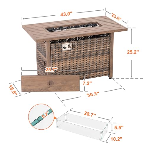 Nuu Garden 43 Inch Propane Fire Pit Table CSA Listed 50000 BTU Gas Fire Pit with Lid Glass Wind Guard Fire Glass Beads 2 in 1 Rectangular Outdoor Fire Table for Backyard Patio Brown