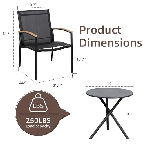 Shintenchi 3 Pieces Patio Bistro Sets, Outdoor Textilene Fabric Conversation Bistro Set, Textilene Fabric Front Porch Chairs Small Patio Furniture Set with Table for Lawn,Garden,Balcony (Black)