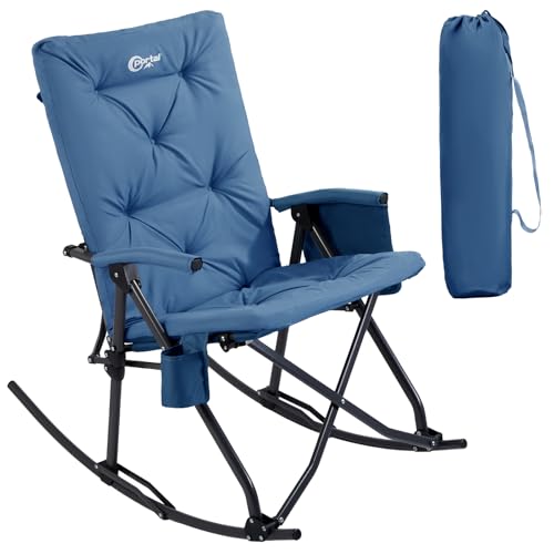 Portal Folding Rocking Camping Chair Outdoor, Thick Padded Rocking Recliner Chair Portable Camping Rocker for Patio Front Porch Backyard Lawn Living Room, Supports 400 LBS, Blue