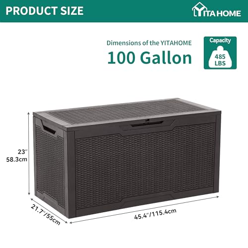 YITAHOME 100 Gallon Outdoor Storage Box, Large Water Resistant Resin Deck Box, Indoor Outdoor Lockable Storage Container for Patio, Garden, Cushions, Tools, Equipment (Dark Brown)