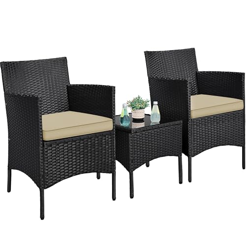 Yaheetech 3 Pieces Patio Conversation Set, Outdoor Rattan Bistro Furniture, 2 Chairs with Cushions & 1 Side Table for Bistro/Porch/Garden/Deck/Courtyard, Black/Khaki