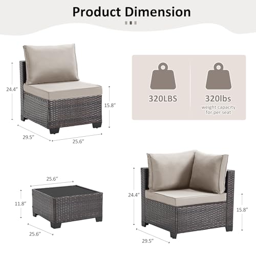ANJ 3 Piece Outdoor Wicker Patio Furniture Set, Modular Loveseat Sofa with with Glass Top Coffee Table, All-Weather Rattan Conversation Couch Set for Balcony, Backyard, Dark Brown Wicker-Grey