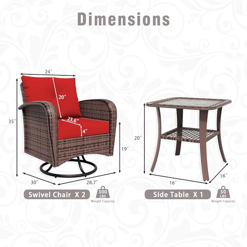 Qsoer 3 Piec Patio Bistro Set with 2 Rocking Chairs & Table, 360° Swivel PE Wicker Outdoor Furniture, Heavy-Duty Steel Frame,Weatherproof Cushions, Red
