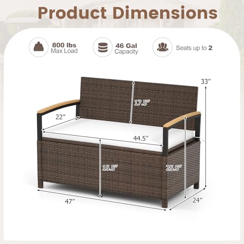 RELAX4LIFE Wicker Outdoor Storage Bench - Rattan Deck Box w/Protective Liner for Patio Furniture Pillows, Pool Supplies & Garden Tools, Porch Loveseat with Seat Cushion, Acacia Wood Armrests