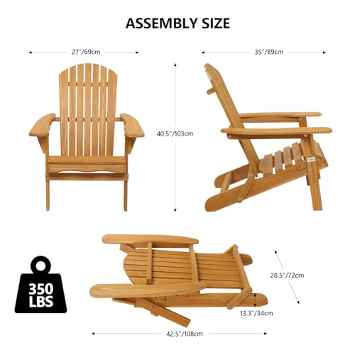 VINGLI Folding Adirondack Chairs Wood Lawn Chair Wooden Lounger 350 LBs Support Fire Pit Seating Natural Finished Weather Resistant Indoor Outdoor Furniture