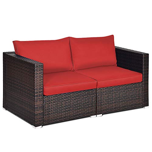 Tangkula 2 Seat Outdoor Wicker Loveseat Sofa Set, Modular PE Rattan 2 Pieces Outdoor Wicker Corner Sofa, Outside Furniture Set for Deck, Backyard, Porch, Garden & Poolside, Red