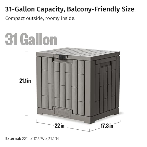 EAST OAK Outdoor Storage Box, 31 Gallon Deck Box Indoor and Outdoor Use, Waterproof Resin Storage Bin for Package Delivery, Patio Cushions, Gardening Tools, Lockable, UV Resistant, Grey