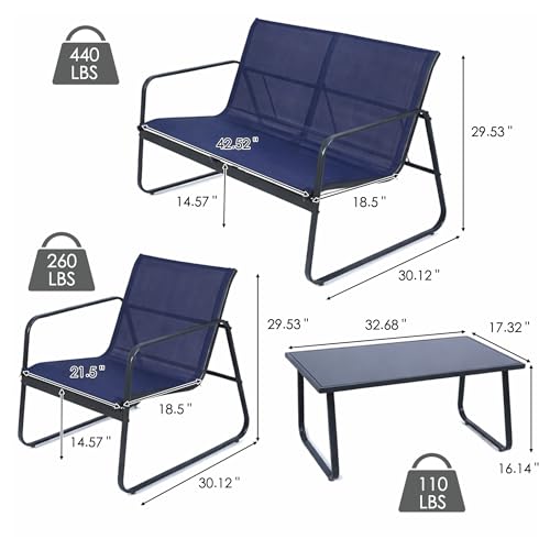 Kozyard Sofia 4-Piece Patio Conversation Set, Outdoor Furniture Set with Loveseat, 2 Chairs & Table, Breathable Textilene Seating, Powder-Coated Metal Frame, All-Weather for Balcony Backyard Navy Blue