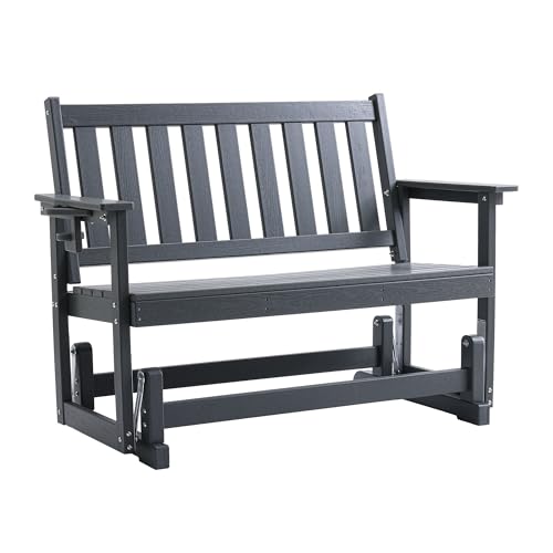 COSIEST 2 Person Outdoor Glider Bench, HDPE All-Weather Patio Glider with Cup Holder, Swing Chair for Garden, Backyard, Porch, and Deck,660LBS Capacity, Grey