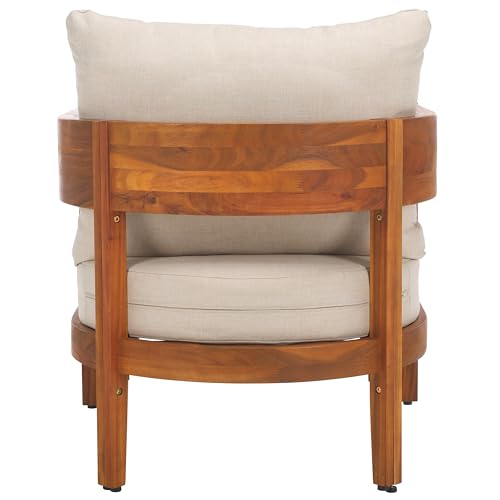 SAFAVIEH Outdoor - Theo Armchair Set of 2 - Natural & Taupe - Solid Wood with Cushion - Mid-Century Slatted Frame Design - Ideal for Patio, Deck, Porch, Backyard, 15" Seat Height (PAT7087A-SET2)