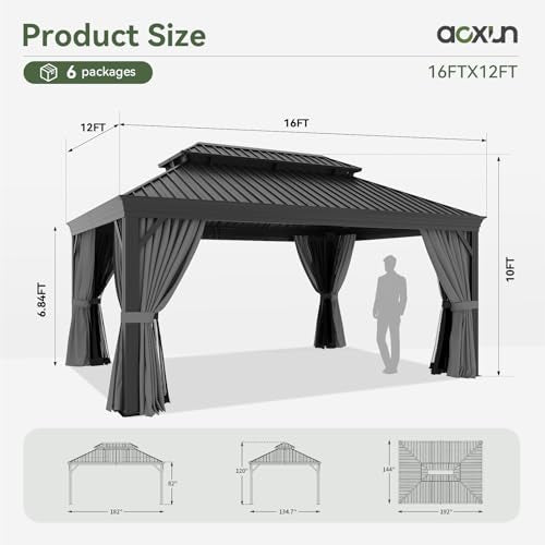 Aoxun 12' X 16' Hardtop Gazebo with Drainage System, Aluminum Outdoor Gazebo with Galvanized Steel Double Roof, Patio Permanent Metal Pavilion with Netting, for Garden, Deckyard, Grey
