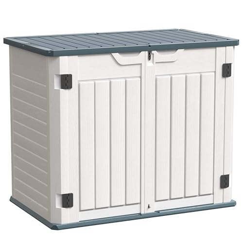 UDPATl0 35 Cu.Ft Horizontal Outdoor Storage Shed, Resin Outdoor Cabinet Waterproof & Lockable for Generator, Garbage Can Garden Tools, White, White & Grey Trim