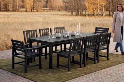 Patio Kingdom Perli™ 9-Piece Outdoor Dining Set, All-Weather HDPE Patio Furniture with 8 Ergonomic Chairs & Large Table, Built-in Umbrella Hole, UV-Resistant Set for Backyard, Deck, Poolside, Black
