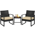 Yaheetech 3 Pieces Rattan Bistro Set, Indoor/Outdoor Wicker Patio Modern Conversation Furniture, 2 Chairs & Tempered Glass Coffee Table for Garden, Balcony, Backyard, Poolside, Black/Khaki