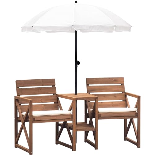 Hanover 33.5" x 27.5" Wood Outdoor Conversation Set with Two Seats, Table, and Umbrella