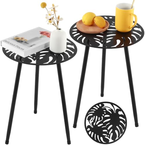 Metal Outdoor Side Tables Set of Two Small Outside Round End Table for Patio Modern Accent Garden Corner Table for Small Spaces, Balcony, Porch, Weather-Resistant, Plant Stand Indoor, Black
