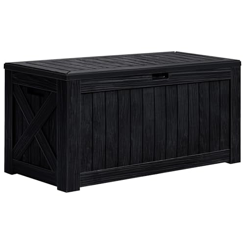 Greesum 120 Gallon Deck Box, Resin Outdoor Storage Container for Patio Furniture, Garden Tools, Pool Accessories, Weatherproof, Lockable, Black