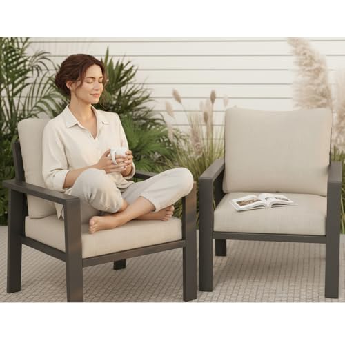 VONZOY Outdoor Sofa Chair Aluminum Patio Couch Set of 2 All-Weather Patio Sofa Armchair Furniture Set Chairs with Beige Cushions