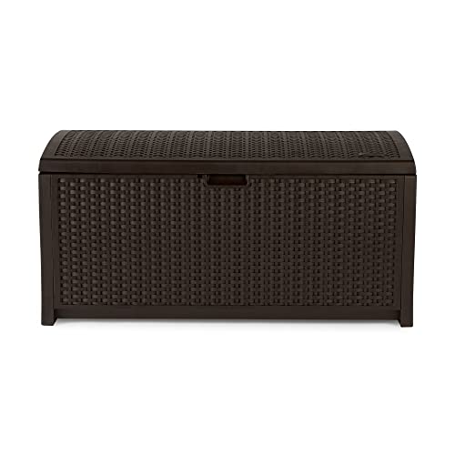 Suncast Outdoor Storage Box - 73 Gallon Mocha Brown Deck Box for Patio, weather-resistant Outdoor Storage Bench, Resin Wicker Style, Heavy-Duty, Lockable Lid for Cushions, Shoes, Pool & Garden Gear