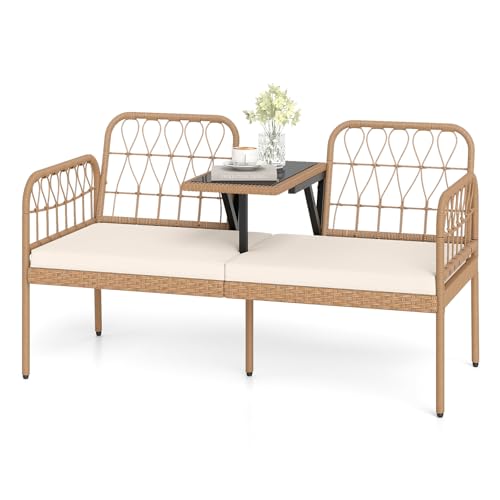 Tangkula Outdoor Loveseat with Built-in Coffee Table, Patio Wicker Conversation Sofa for 2 with Padded Cushion, for Lawn, Garden and Backyard (Off White)