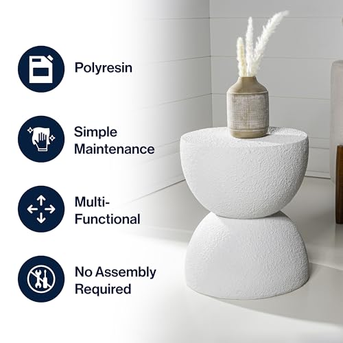 JONATHAN Y Greta Hourglass Outdoor Side Table and Stool, 18" Modern Textured All-Weather Accent End Table for Patio, Deck, or Garden, White Frosted TBL1100A