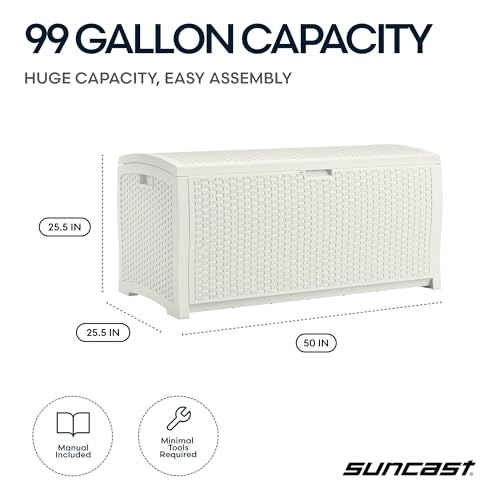 Suncast 99 Gallon Wicker Horizontal Outdoor Deck Box with Hinged Lid, Water-Resistant Storage Solution for Patio, Deck, Yard, and Garage, White, Made in the USA