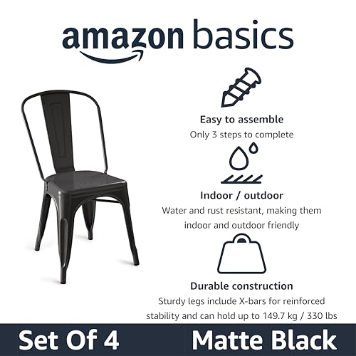 Amazon Basics Metal Dining Chairs, Easy to Assemble, Indoor/Outdoor, Stackable, Matte Black, 4-Pack