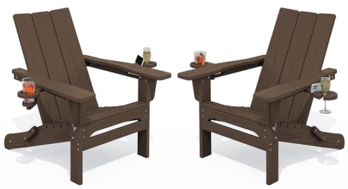 SERWALL Modern Adirondack Chairs Set of 2, Folding Adirondack Chair with Cup Holders, Outdoor HDPE Adirondack Chair for Patio Lawn Garden, Coffee