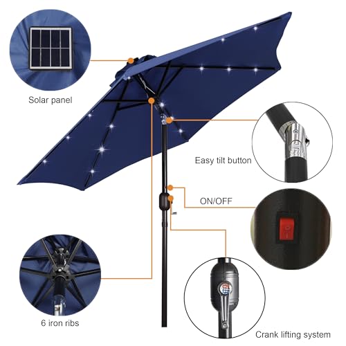 Blissun 7.5 ft Solar Umbrella, 18 LED Lighted Patio Umbrella, Table Market Umbrella, Navy Blue