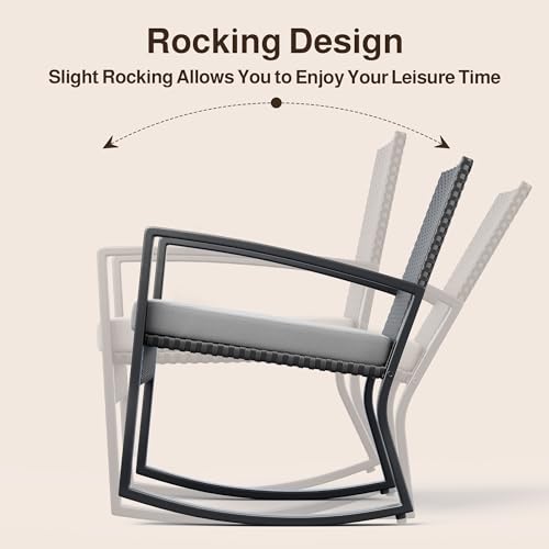Ahomly 4 Piece Outdoor Patio Furniture Set, Wicker Patio Furniture with Glass Coffee Table, Rocking Wicker Bistro Set, for Backyard, Poolside, Porch (Grey)