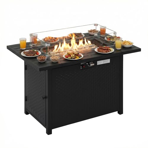 PayLessHere Propane Fire Pit Table, 50,000 BTU CSA-Certified Outdoor Gas Fire Table with Lid, Lava Rock & Glass Wind Guard, Smokeless Patio Firepit for Backyard, Deck & Garden (43 inch)