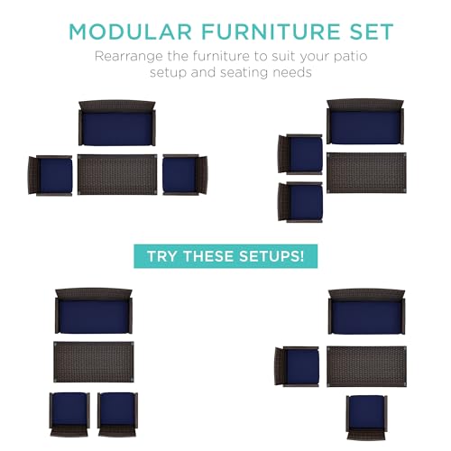 Best Choice Products 4-Piece Outdoor Wicker Patio Conversation Furniture Set for Backyard w/Coffee Table, Seat Cushions - Brown/Navy