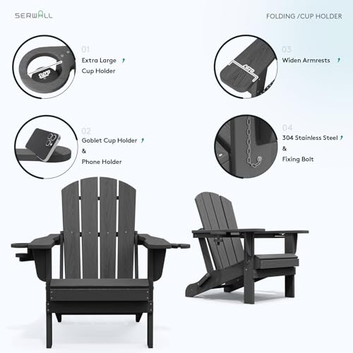 SERWALL Foldable Adirondack Chair Set of 4, HDPE Adirondack Chair with Wood-Texture-Gray