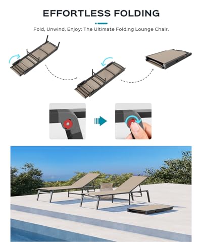 Ciokea Aluminum Chaise Lounge Ourdoor - Foldable & Assemble Free Outdoor Lounge Chair with 5 Adjustable Backrest, Patio Lounge Chair for Outside Poolside Beach Pool, Khaki