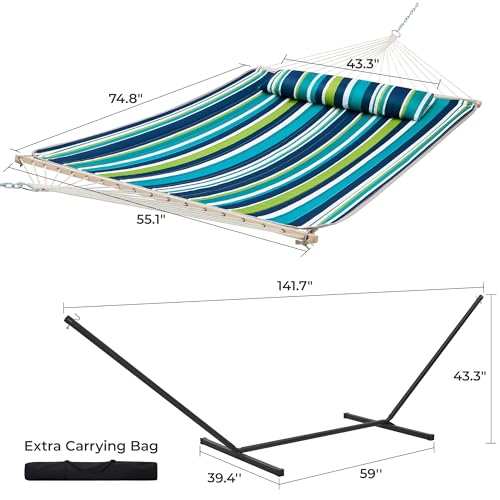 SUPERJARE 12ft Double Hammock with Stand, Rope Hammock for 2 Person, Detachable Hammock Bed and Pillow, Portable, Anti-Tip Safety Ropes, Carry Bag, Outdoor Backyard Patio Camping, Dark Cyan