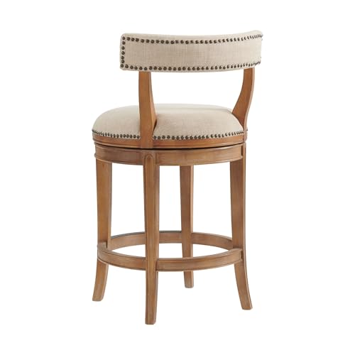Hanover Swivel Counter Height Bar Stool, Weathered Brown and Beige, Solid Rubberwood Frame, Faux Leather Upholstered Seat, Memory Return Swivel, 20 in. W x 22 in. D x 37 in. H, Seat Height 26 in.