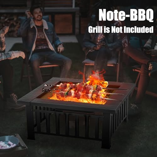 EcoNook 32 inch Fire Pit, Square Outdoor Fire Pit Table with Spark Screen & Fire Poker, 3-in-1 Multipurpose Firepits for Outside, Fireplace for Yard, Garden, Patio