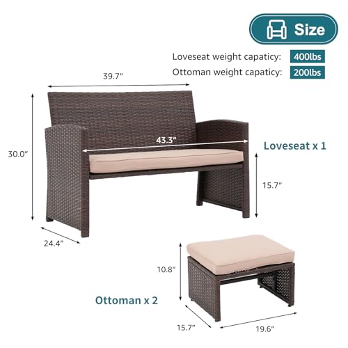 OC Orange-Casual Outdoor Loveseat 3 Piece Patio Furniture Set Outdoor Conversation Set All-Weather Wicker Love Seat with Ottoman/Side Table, Brown Rattan, Beige