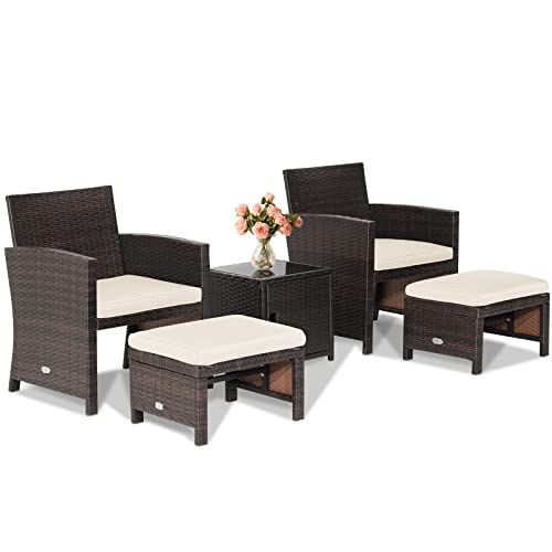 Tangkula 5 Pieces Wicker Patio Furniture Set with Waterproof Cover,Patiojoy Outdoor Cushioned Chairs and Ottoman Set with Single-Door Storage Coffee Table,Space-Saving