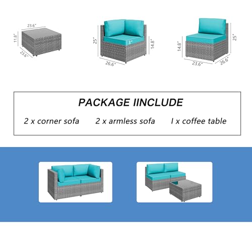 Shintenchi 5 Pieces Outdoor Patio Furniture Sets, Patio Sectional Sofa Couch, Gray PE Wicker Furniture Modular Patio Conversation Sets Patio Sofa with Washable Cushions & Table（Blue）