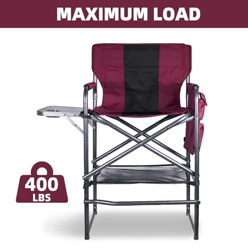 Foristrail 30" Tall Directors Chair with Side Table, 400LBS Bar Height Folding Camping Chair for Makeup Artists, Outdoor Events, Portable Foldable Chair with Cup Holder & footrest - Wine Red/Black
