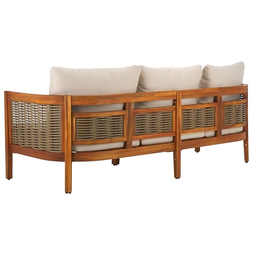 SAFAVIEH Outdoor Collection Amanda Natural Acacia Solid Wood/Taupe Cushion 3-Seater Sofa