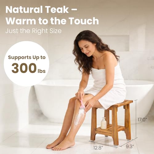 14" Compact Teak Shower Stool with Shelf & Handle - Waterproof, Non-Slip Bath Bench for Small Bathrooms/Tub/Outdoor Use, 300 lbs Capacity (Patented)