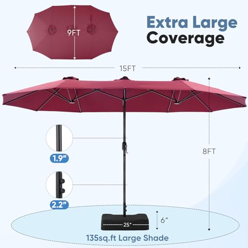 DUMOS 15FT Extra Large Patio Umbrella with Base Included, Rectangle Table Umbrella Outdoor Patio, 12 Sturdy Ribs Triple Head Canopy Outside Umbrellas for Deck, Backyard and Poolside,Garden, Red