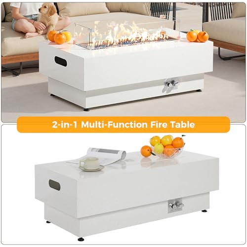 IRONCK 43-inch Outdoor Propane Fire Pit Table w Tank Table, CSA Certified, 2 in 1 Rectangular Patio Fire Pit w Glass Rocks, Wind Guard and Cover, 50000 BTU Outdoor Heater for Garden, Pool, White