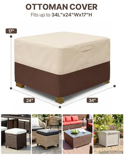 Vailge Rectangle Patio Ottoman Cover, Waterproof Outdoor Ottoman Cover with Padded Handles, Patio End Table Cover, Heavy Duty Patio Furniture Covers (Medium,Beige & Brown)