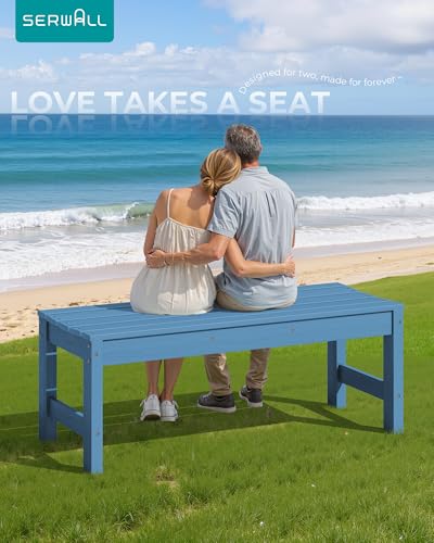 SERWALL 47 Inches Outdoor Bench, All Weather HDPE Backless Bench with Wood Grain Texture for Garden Porch and Park, Curved Bench Seat for Comfort, Blue