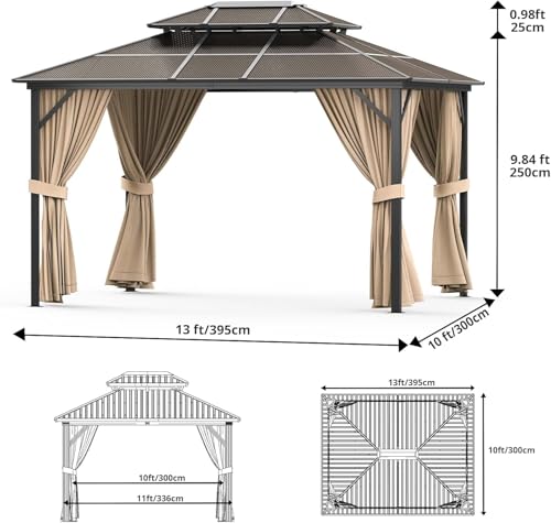 10'X13' Hardtop Gazebo, Galvanized Steel Aluminum Frame with Double Roof, Heavy-Duty Outdoor Patio Gazebo with Curtains & Netting for Backyard, Deck, Porch, Garden, Lawn, Khaki