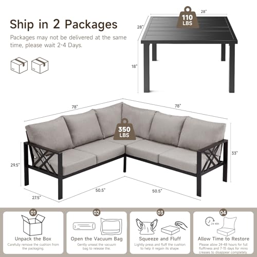 Patio Furniture Set, 6-piece Metal Sectional Furniture Sofa with Coffee Table, L Shaped Outdoor Couch with Olefin Cushion, Highback Frame, Outdoor Patio Conversation Sets for Balcony Backyard, Grey